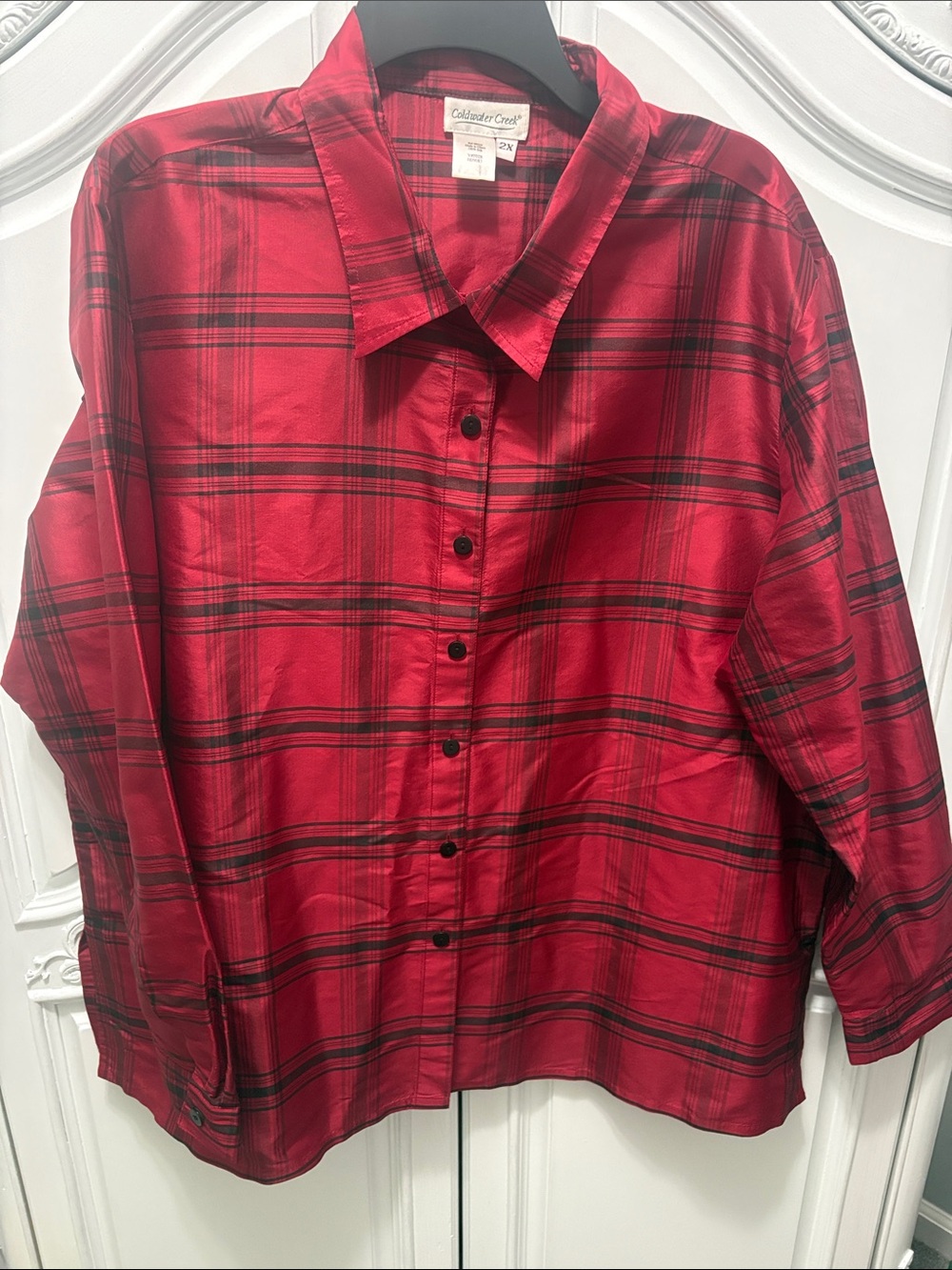 Coldwater Creek Red and Black Plaid Silk Button-Down - 2x